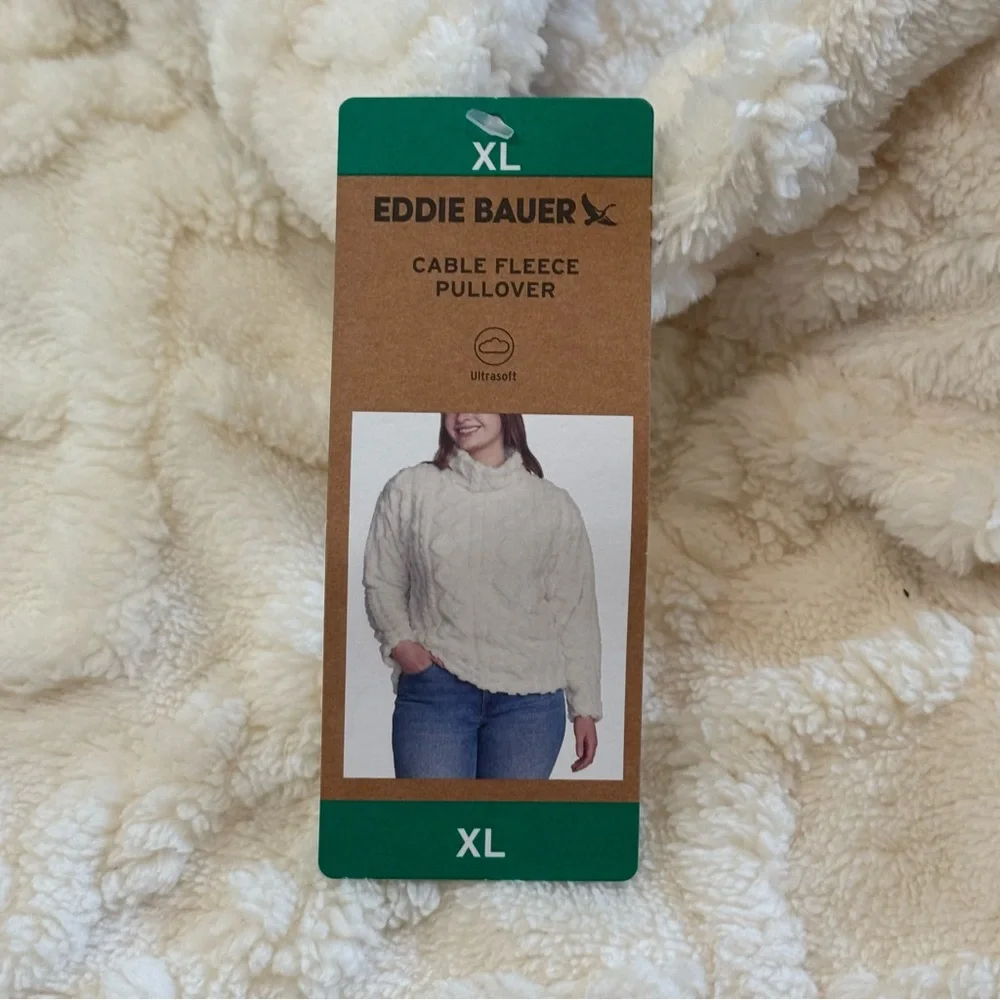 Eddie Bauer Cozy Cable Fleece Pullover Mock Neck Ivory/Cream - Picture 12 of 13